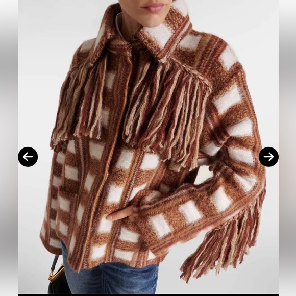 Dorothee Schumacher Dizzy Check Cardigan brown White Sz 0 NWT NEW Fringe Sweater